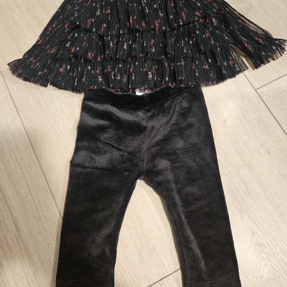 Baby Gap Black Floral Tulle Top with Velvet Leggings